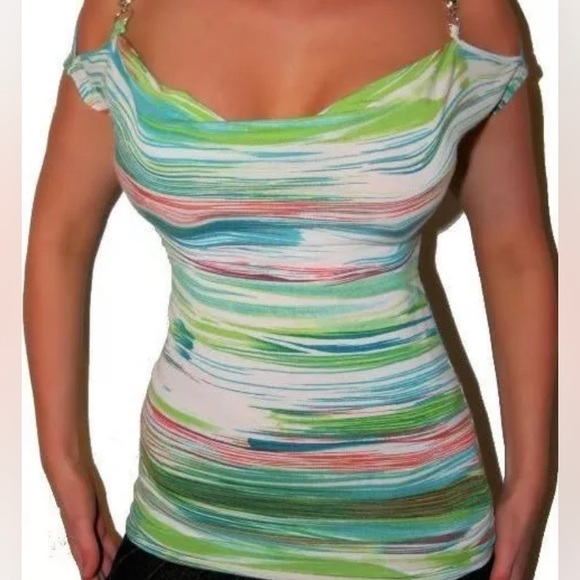 Sexy Blue Stripe Style banded Draped bust Green chain stones top Cold Shoulders - Picture 5 of 5